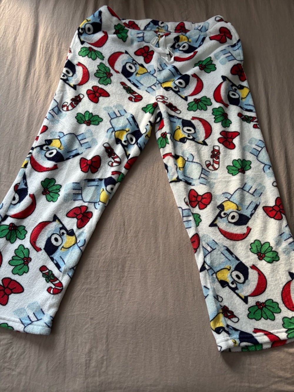 Lucy Plush Penguin Holiday Fleece Pants - White, Red, Green, Blue